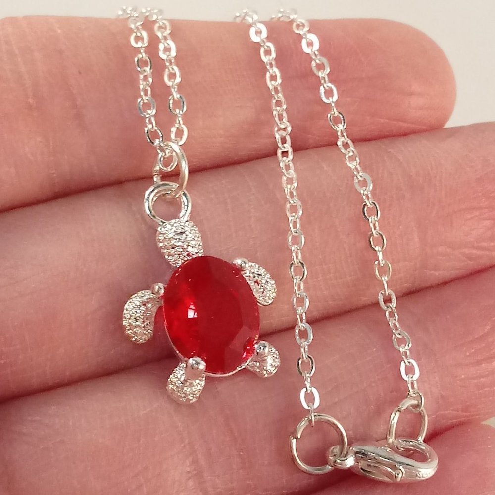 Silver Ruby Red Diamond Zircon Beaded Sea Turtle Pendant Necklace 2.54ctw 17"